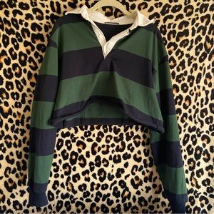Brandy Melville Dark Green and Navy Cropped Striped Button Up Polo